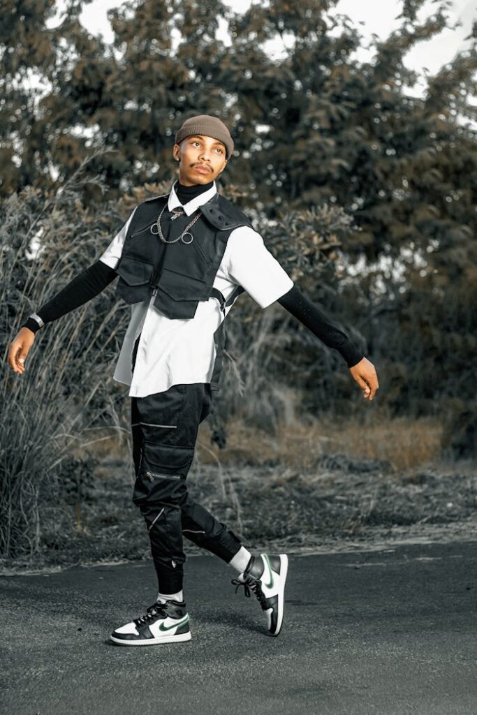 Stylish man posing outdoors in modern fashion attire.